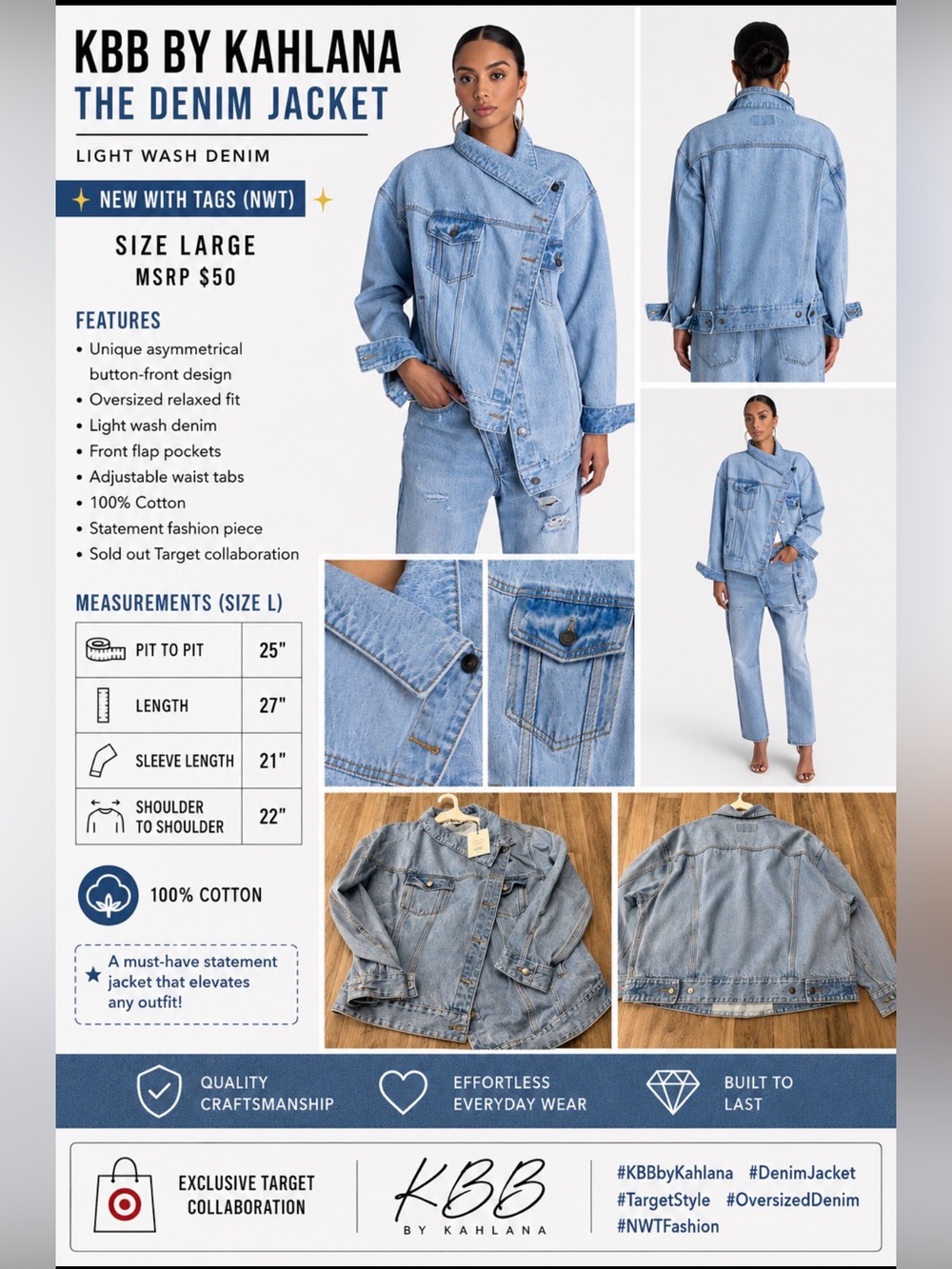 NWT KBB by Kahlana The Denim Jacket  Oversized Asymmetrical Jacket Size Large